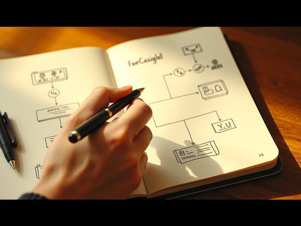 A hand sketching a UI flow on paper